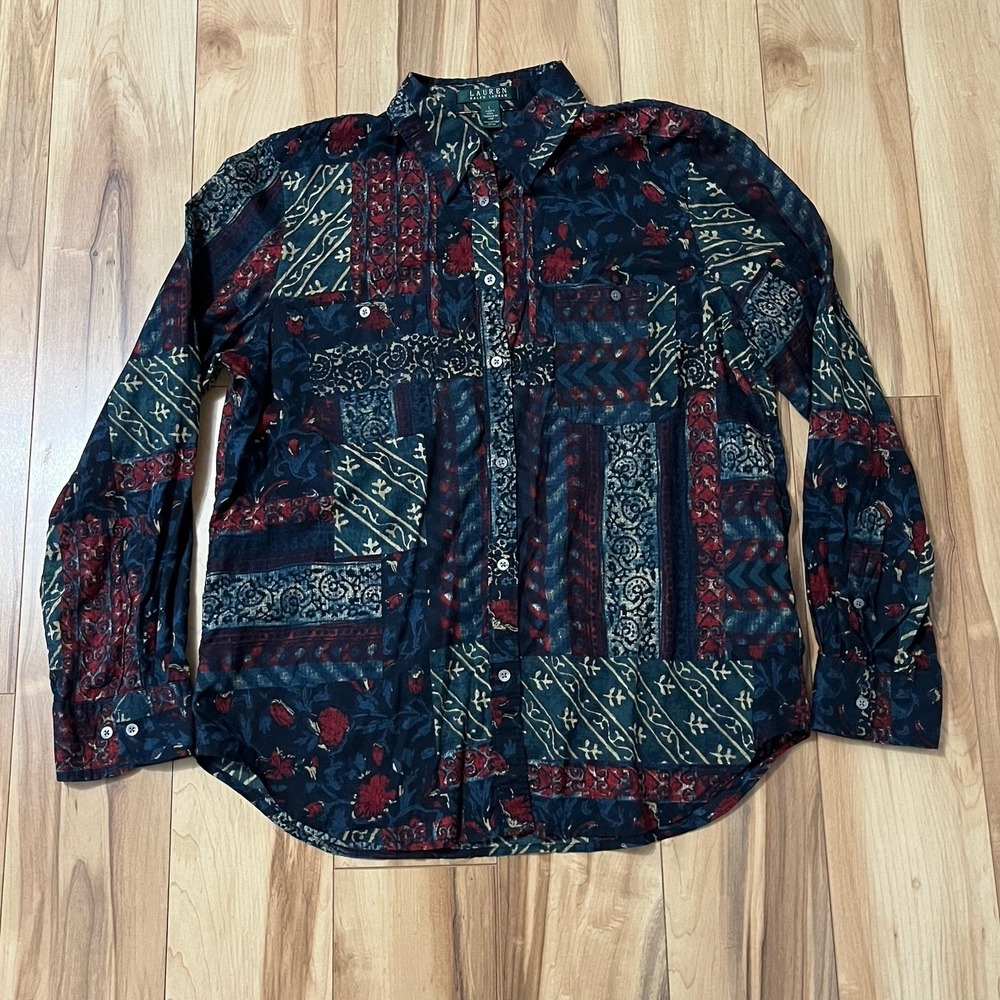 Lauren Ralph Lauren Patchwork Floral & Paisley Blouse Roll Sleeves Sz L  Cotton